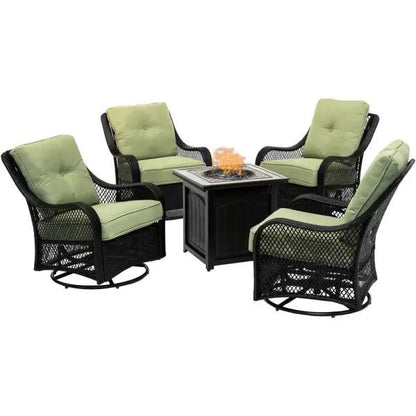 5-Piece Steel Patio Fire Pit Conversation Set with Navy Blue Cushions, Swivel Gliders and Square Fire Pit Table